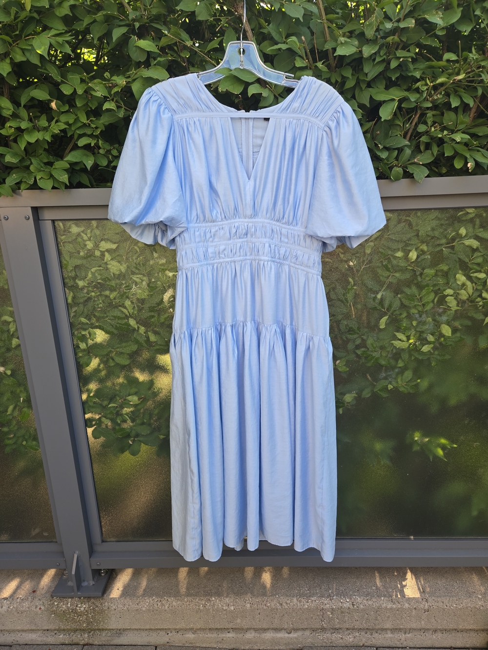 Saks Fifth Avenue Light Blue Puff-Sleeve Smocked Midi Dress